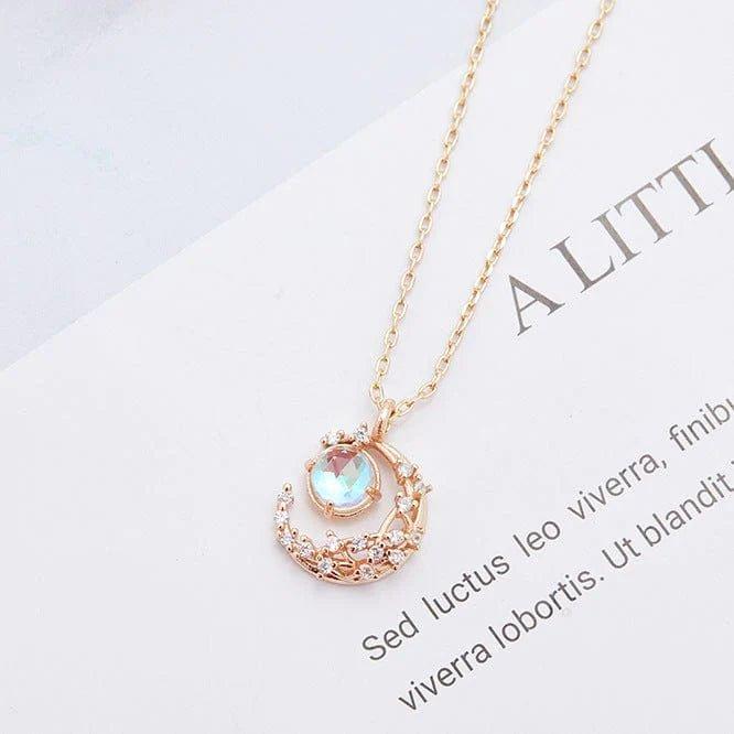 Dainty CZ Inlaid Crystal Moon Necklace - Gold