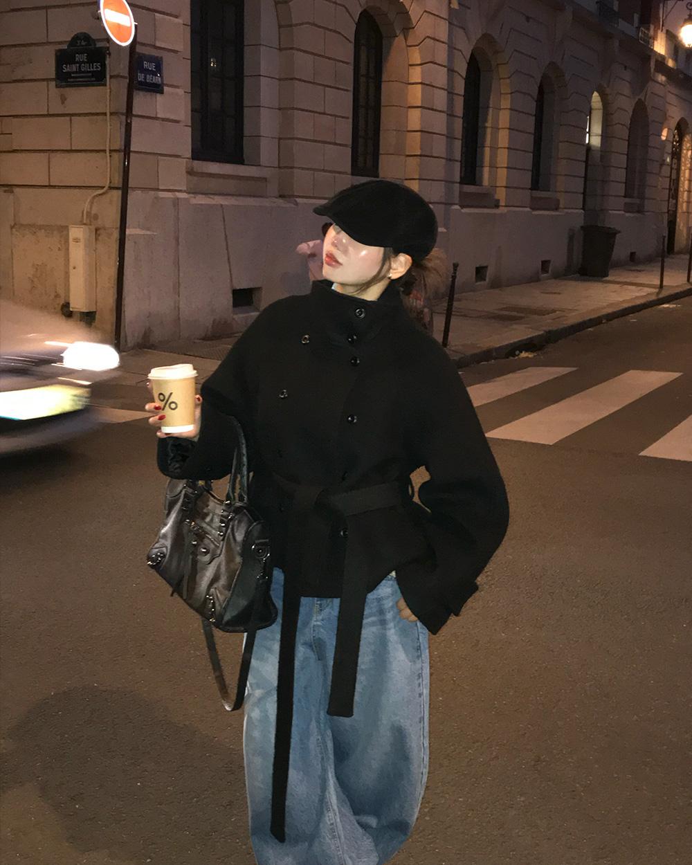 베이델리 [MADE/울90%]센터 허리끈 울 숏 코트