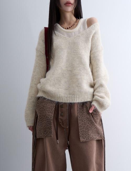 로웨어 wool slub v neck knit set