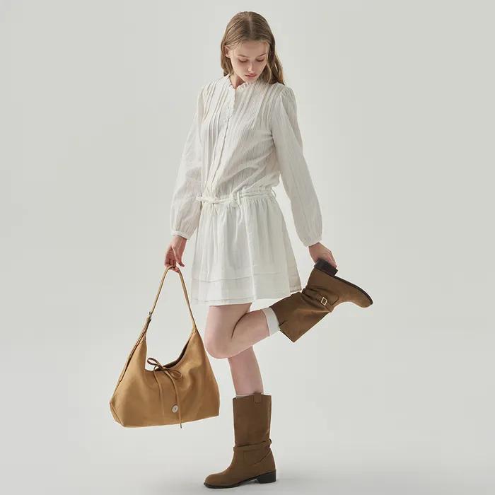 핀턱 셔링 미디 원피스 [IVORY]