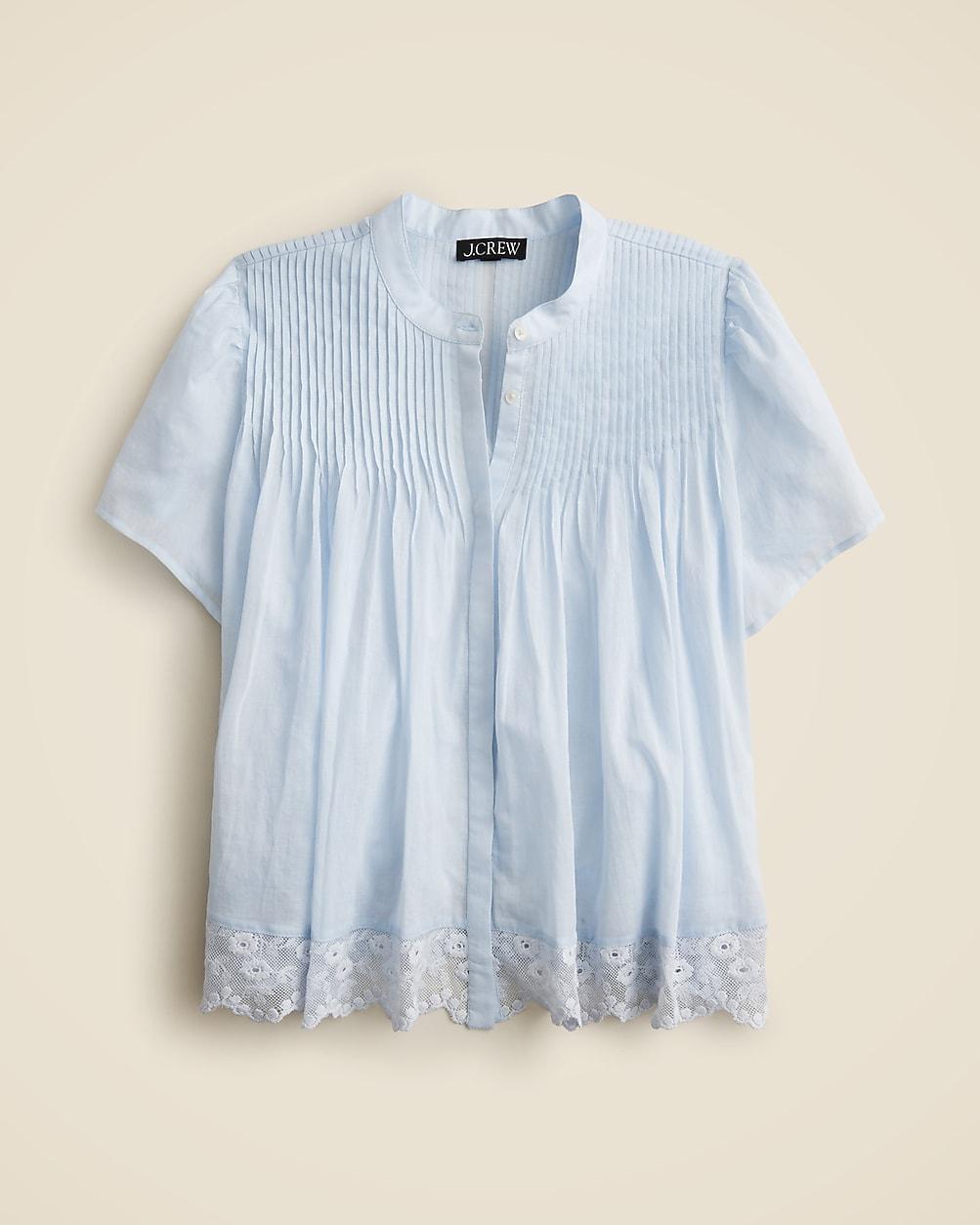 Lace-trim pintuck top in cotton voile