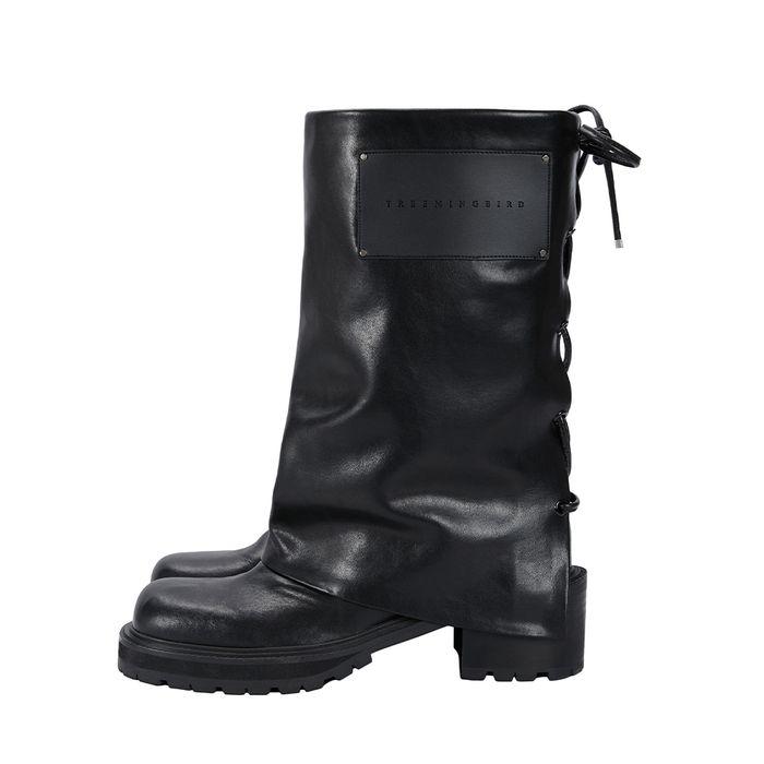 Folded Lace-up Cowhide Boots [ Black ]
