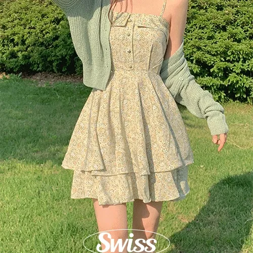 [Spring🌷🌹] 스위스 플라워 잔꽃 카라 캉캉 미니 뷔스티에 프릴 나시 원피스 가디건 세트