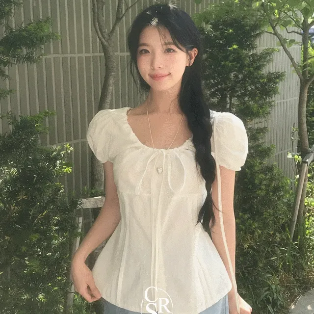 *묶음할인[허리잘록핏/피크닉룩🍀] 제니 핀턱 리본 퍼프 반팔 블라우스