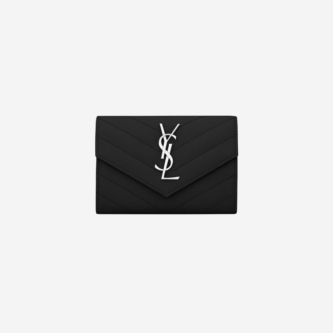 Saint Laurent Cassandre Matelasse Small Envelope Wallet in Grain de Poudre Embossed Leather Black Silver