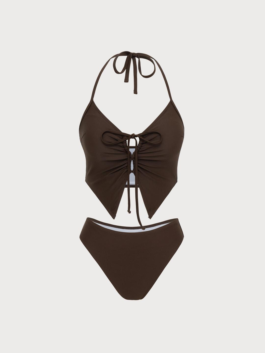 Brown Wrinkled Hollow Tankini Swimsuit