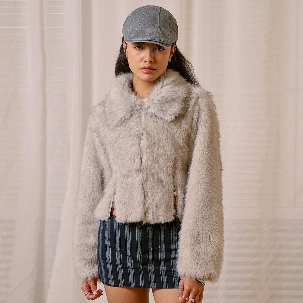 Awe Crop Fur Jacket-Grey