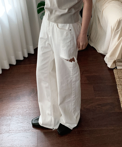 와이드 커팅 팬츠 (WHITE) 뒷밴딩 캐주얼 봄 코디 10대 20대 여자 대학생 하이웨스트 데일리룩 편한 바지