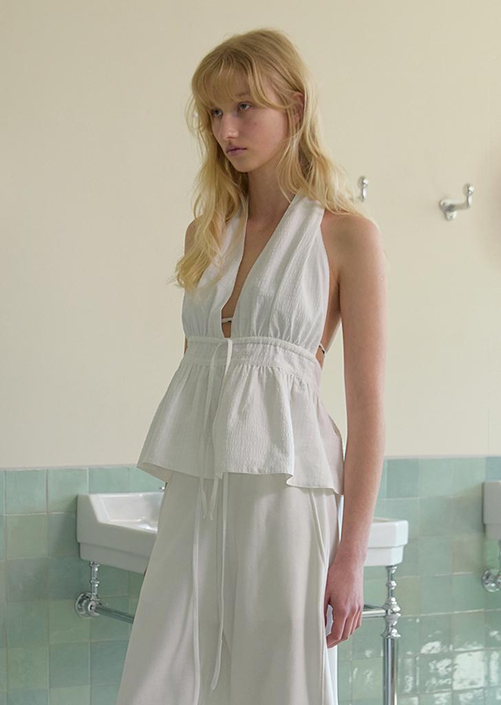 EMBO HALTER NECK BLOUSE,  WHITE