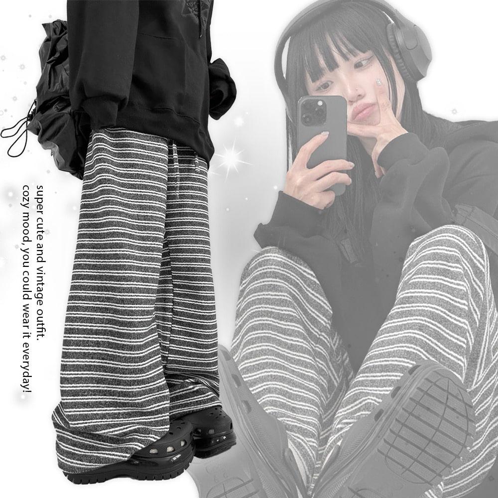 히키모드 캐주얼 스트라이프 컴포트 밴딩 포슬포슬 와이드 홈웨어 니트팬츠