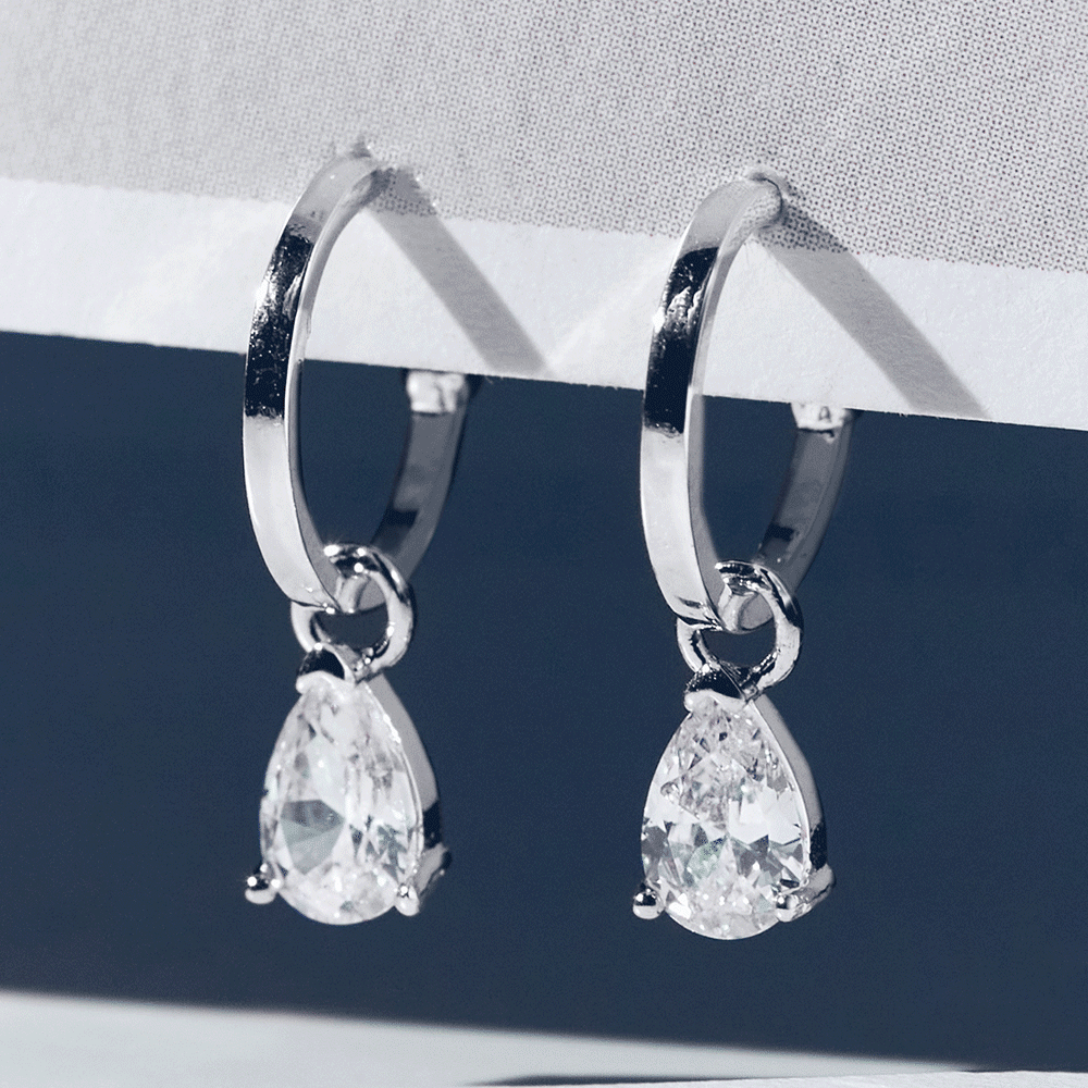 [사나 착용]14kGF 물방울 큐빅 후프 귀걸이 실버925