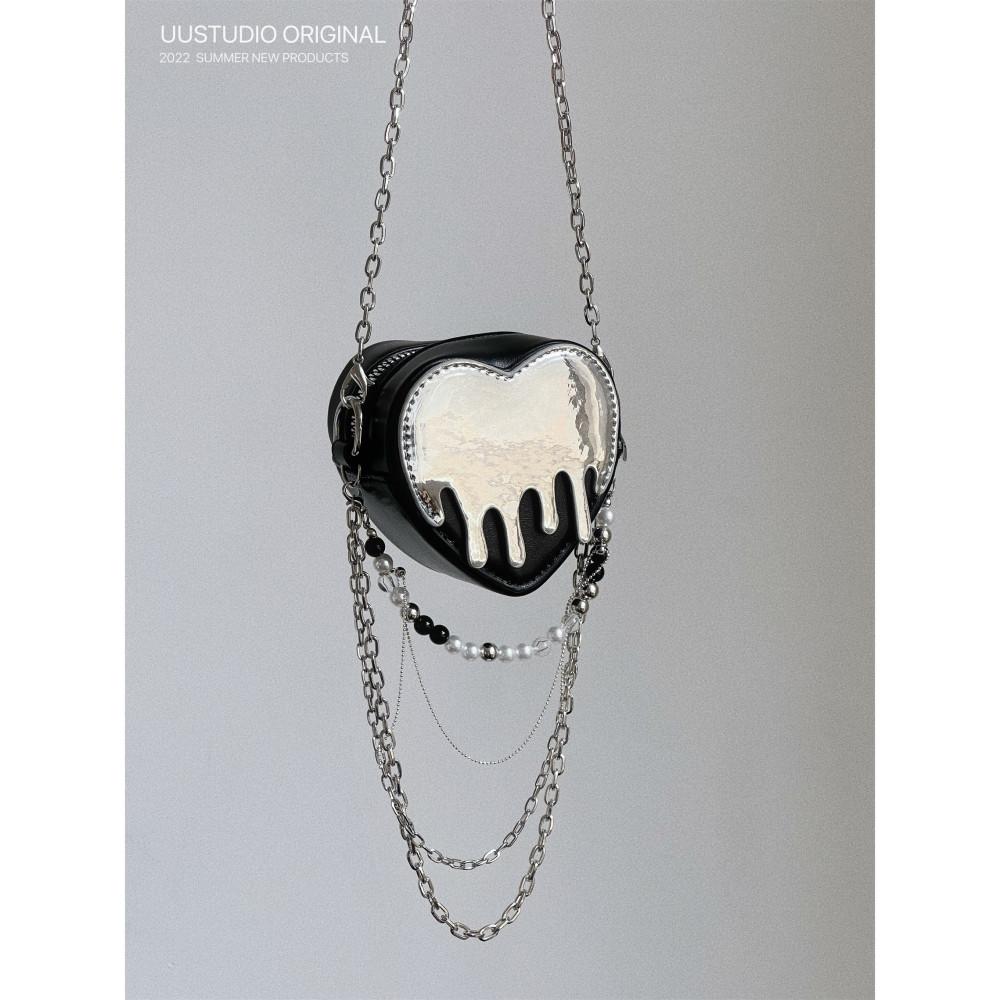 y2k 멜팅 블랙 하트 체인 포인트백 - 미니 숄더백 스트릿 이어폰가방