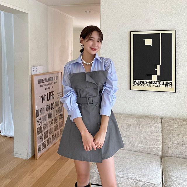 투톤 콤비 카라넥 셔츠 원피스