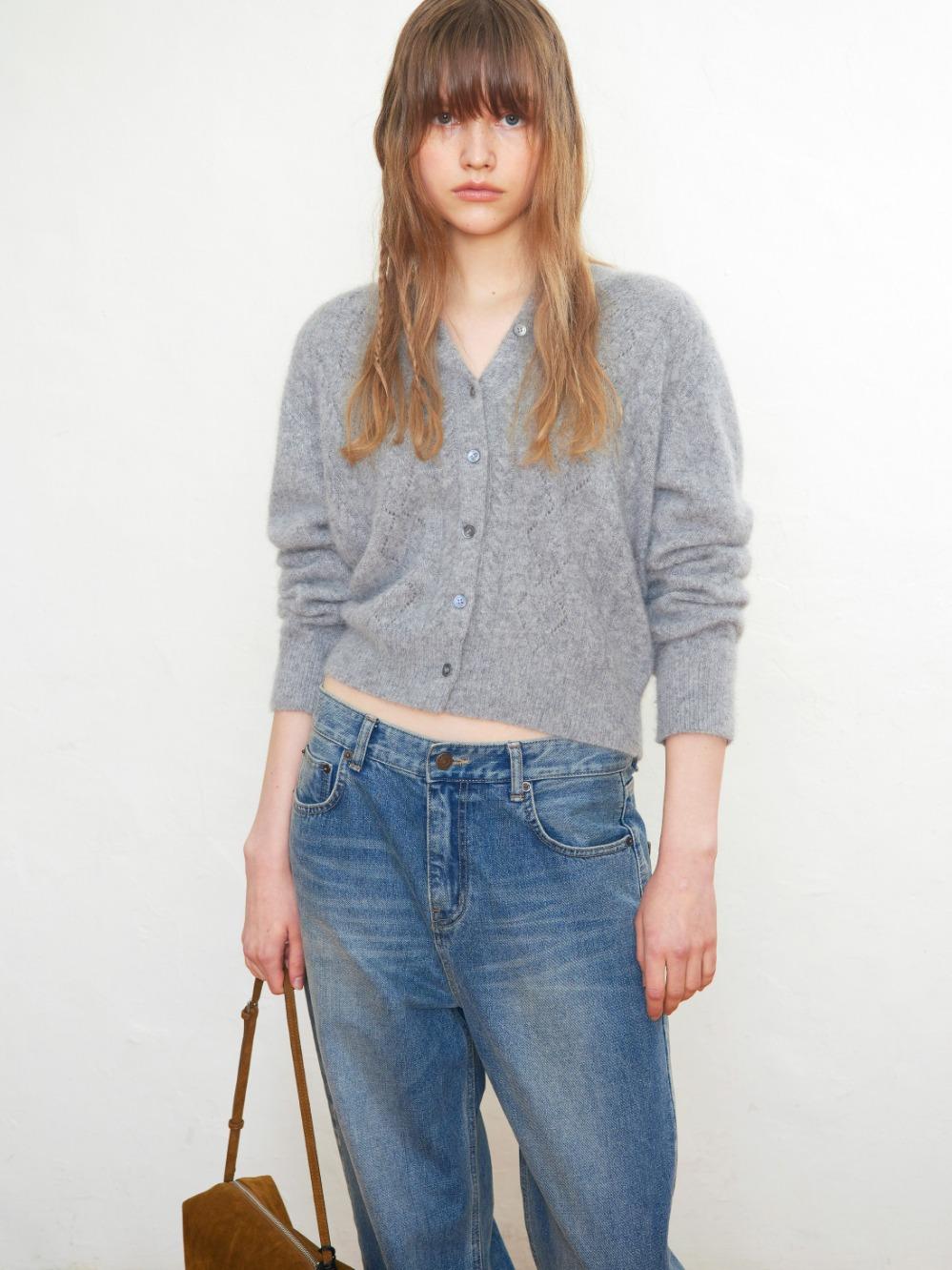 Hairy Wool Blend Pointelle Cardigan_Melange Grey