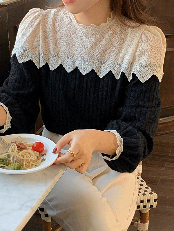 로맨스 레이스 블라우스 겨울 자수 벨벳 셔링 벌룬 퍼프 셔링 배색 기본 베이직 하객 연말모임 파티