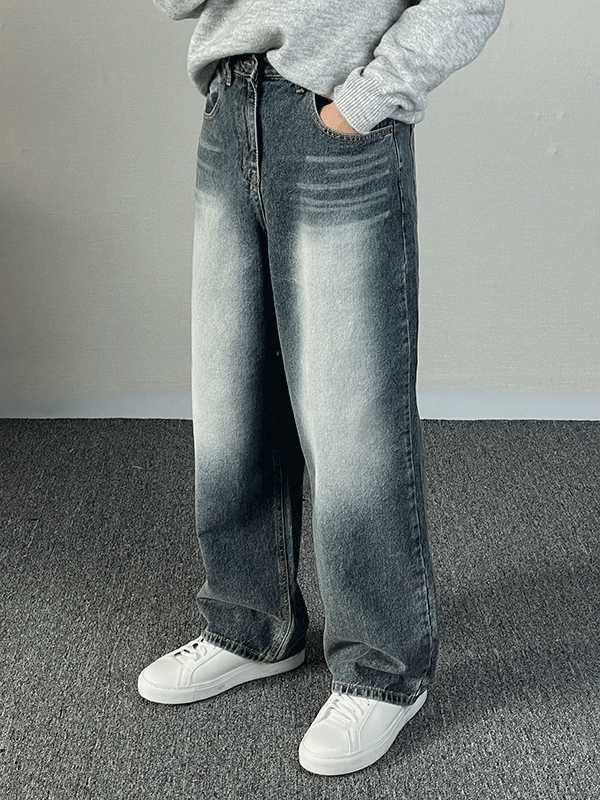 트렌드 딥그레이시 블루 워싱 와이드 데님 (1컬러)