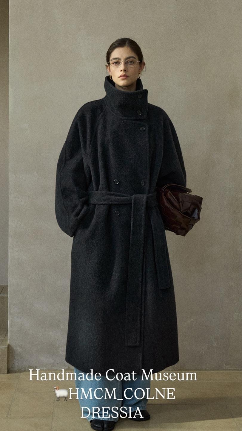 COLNE 캐시미어 코튼울  하이넥 더블 브레스티드 핸드메이드 코트