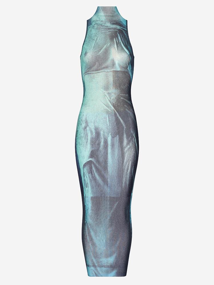 장 폴 고티에 블루 메쉬 워터 프린트 하이넥 롱 드레스 25/03-W-DR028-M004P-5557