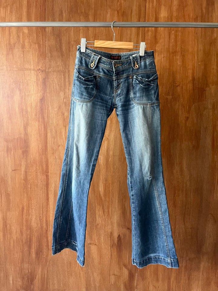 V pocket flare washed denim pants