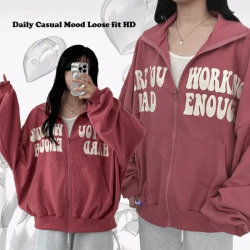 1+1할인 [예쁜컬러감/왕오버핏] 스프링 배색 레터링 하이넥 벌룬 집업 3color