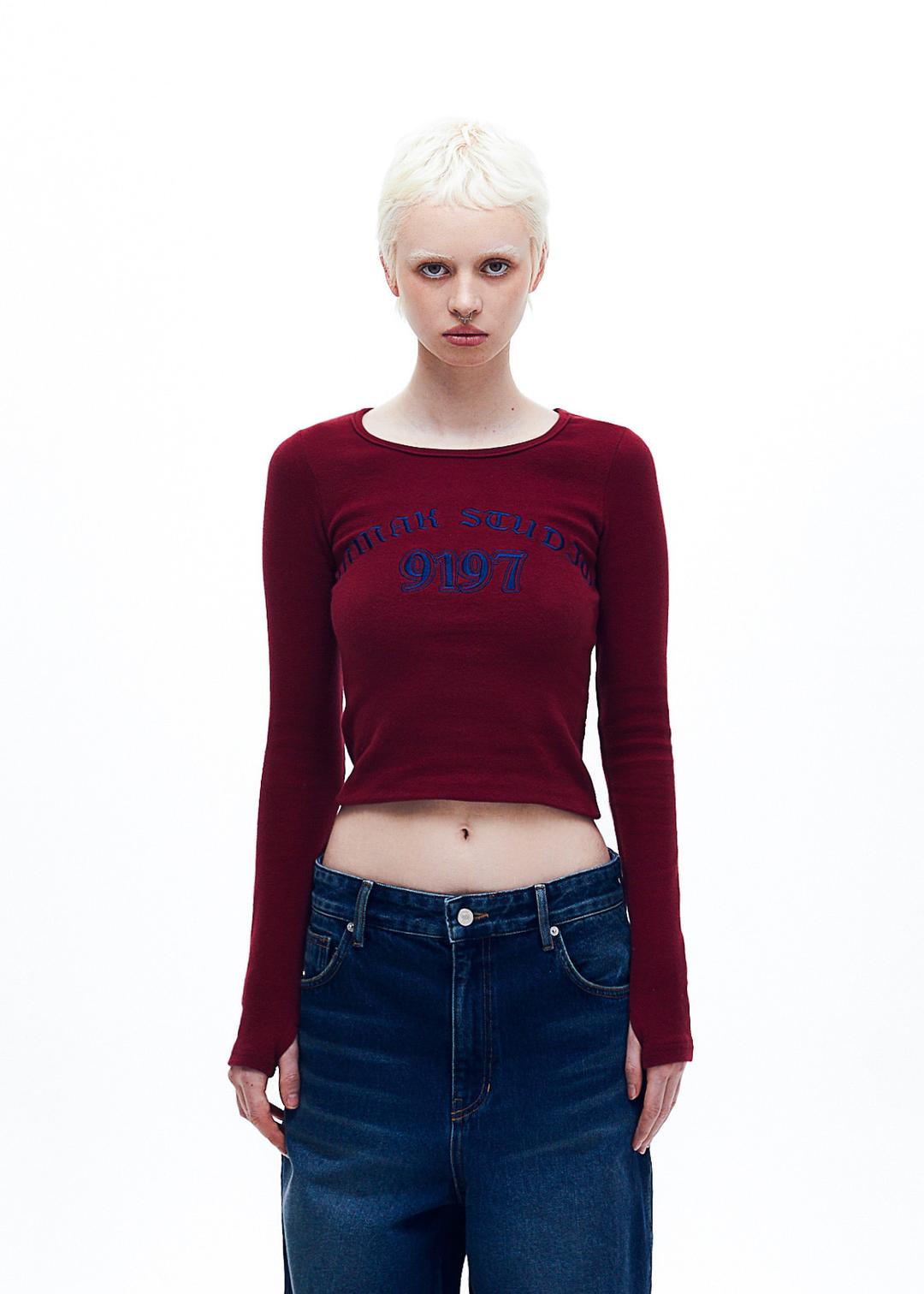 9197 U-Neck cropped T-shirt,RED