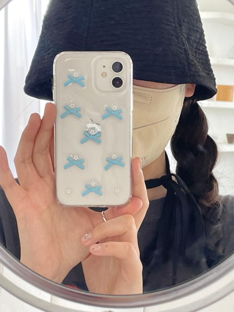 (light blue) 리본 화이트 플라워 레진 폰 케이스 아이폰 케이스 / light blue ribbon white flower case