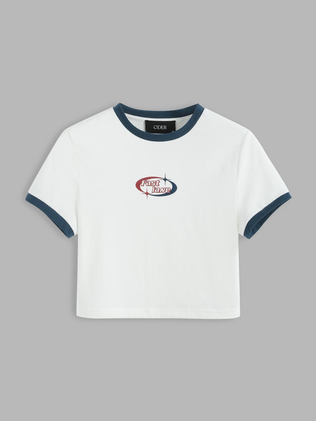 저지 그래픽 콘트라스트 트리밍 크롭 티셔츠