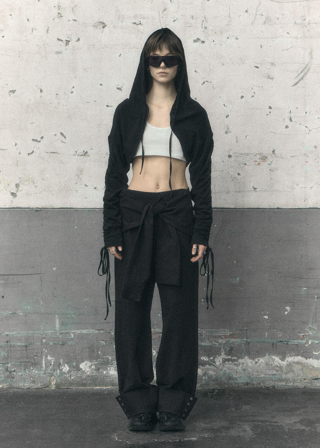 LINEN SHIRRING HOOD BOLERO JACKET, BLACK