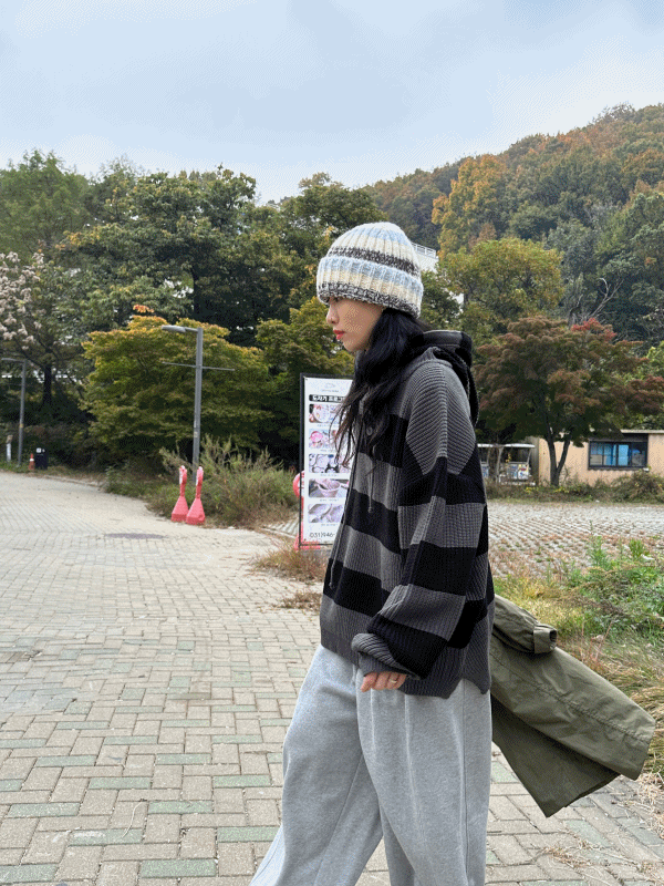 Stripe vintage warmer hoodie / 스트라이프 헤비 워머 후드티 후드 니트