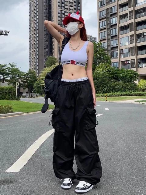 HOUZHOU-Y2K 낙하산 바지, 여성 히피 스트리트 웨어, 오버사이즈 포켓, 카고 바지, 하라주쿠 테크웨어, 와이드 판탈론, Egirl 스타일