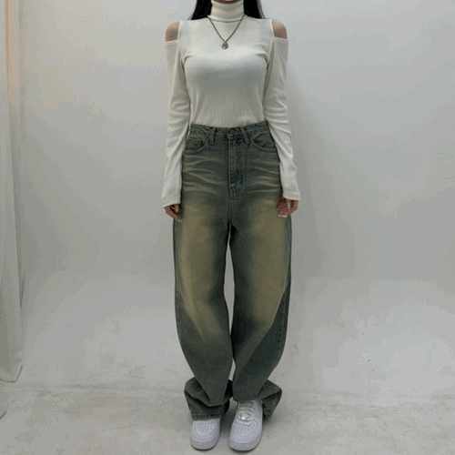 레트로 브러쉬 워싱 와이드 데님 팬츠