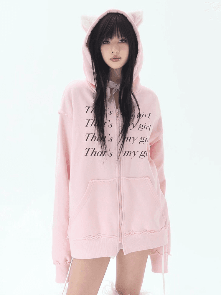 eat me plz Light pink cat wide zip-up hoodie