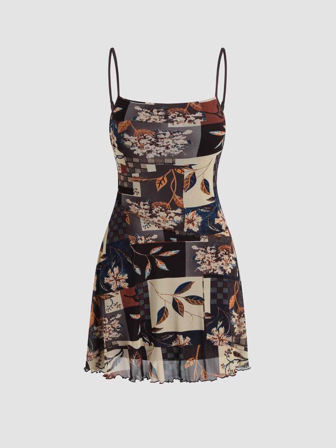 Floral & Leaf Print Mini Dress