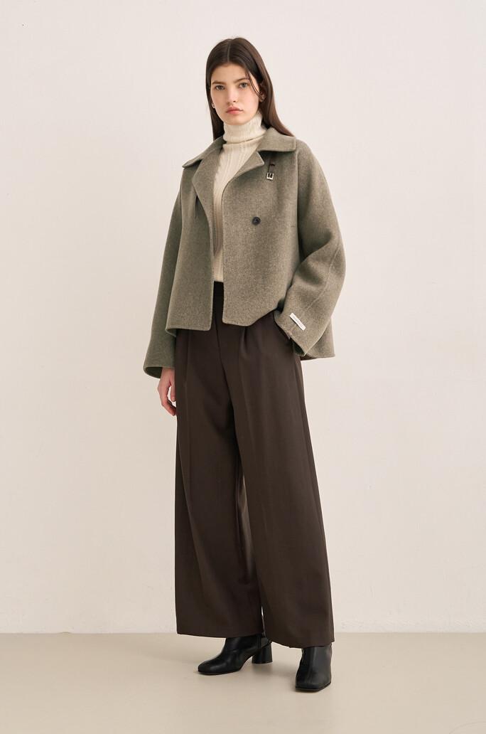 [SJSJ] 캐시미어 블렌드 핸드메이드 레더 스트랩 하프 코트