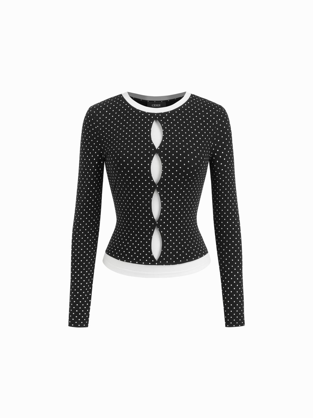 Cotton-blend Polka Dot Two Tone Cut Out Top