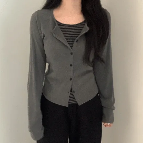 스트라이프 단가라 줄무늬 유넥 가디건 티셔츠 (2color)