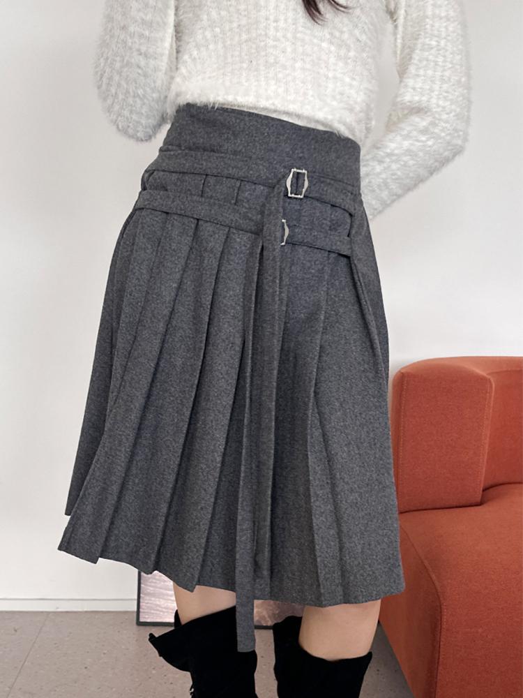 1월8일 토크 핀턱 플리츠 더블 스트랩 아코디언 울 미디 랩스커트