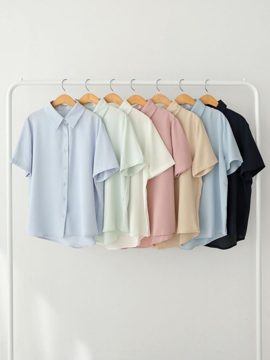 구김없는 링클프리 여성 반팔 셔츠블라우스 쉬폰 하늘색 화이트 면접 셔츠