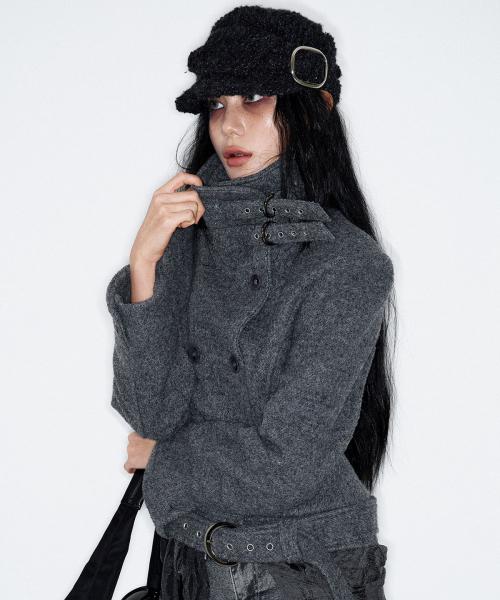 Double Belted High-Neck Coat (GREY)
