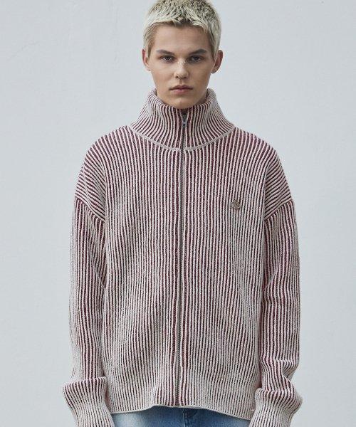 지퍼 니켈 투 톤 니트 가디건 (아이보리-레드)