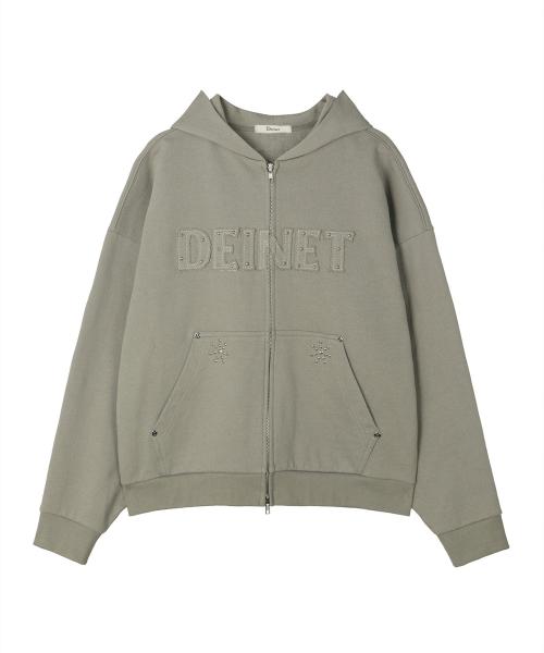 APPLIQUE STUD HOODED ZIP-UP IN KHAKI BEIGE