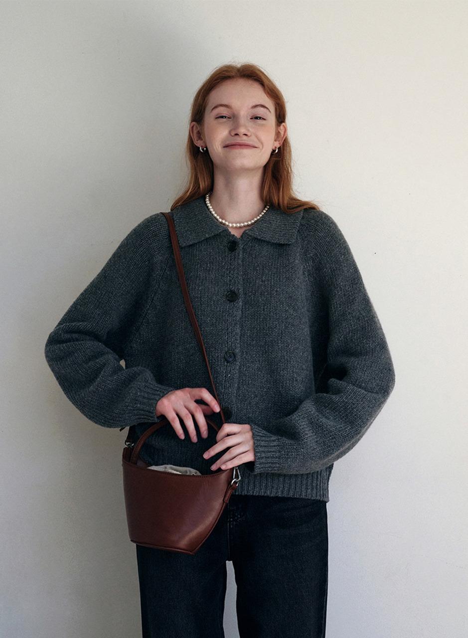 리브드 울 카라 가디건 - 차콜