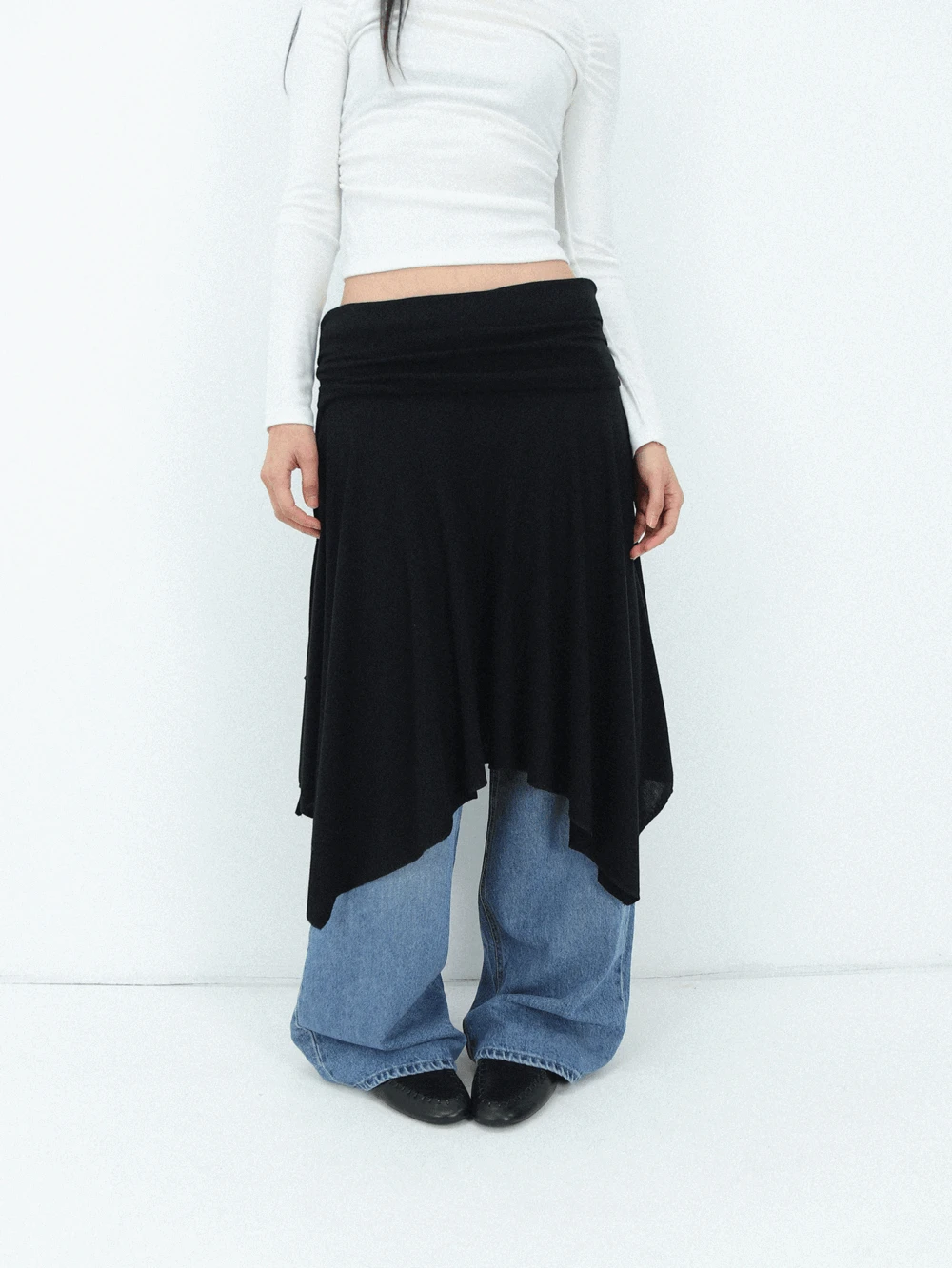 플랩 셔링 언발 미디 스커트