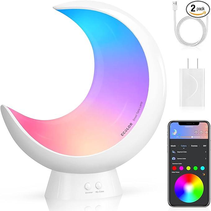 Smart Table Lamp, ECOLOR Dimmable Bedside Lamps Compatible with Alexa and Google Home, RGB Rainbow Touch Lamp Segmented APP Control with Music Mode and Timer