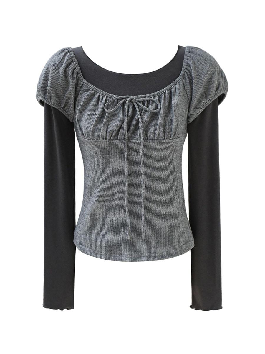 러블리 배색 셔링 포인트 티셔츠 233103665