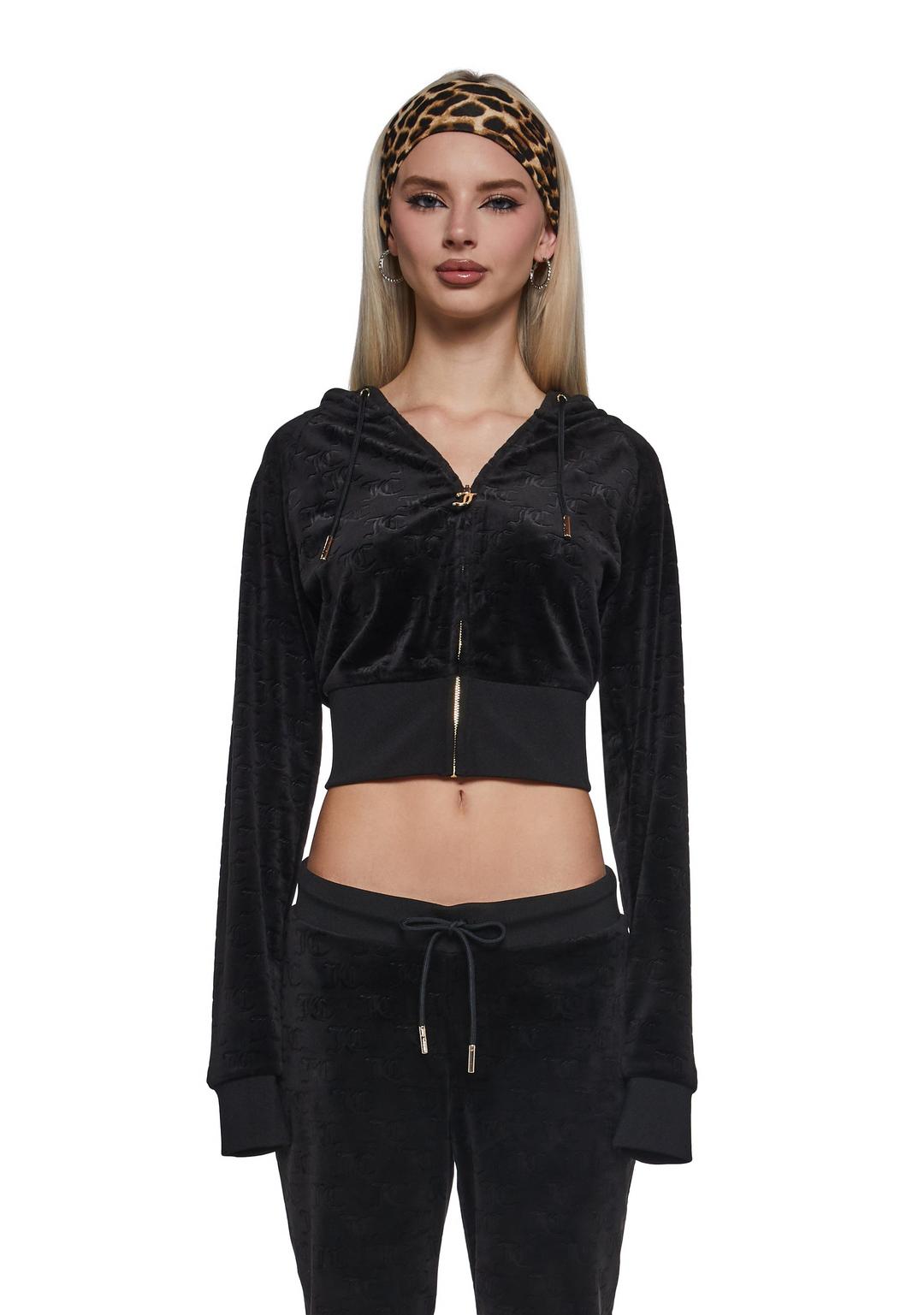 Embossed Velour Corset Hoodie - BLACK / X-SMALL