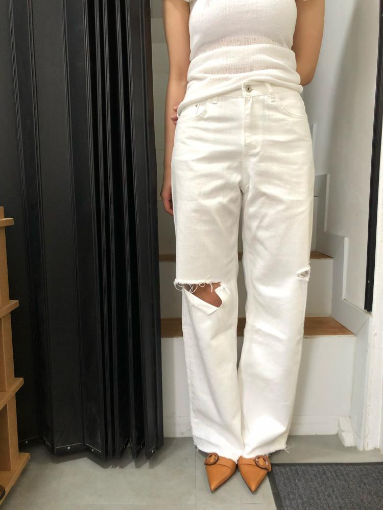 화이트 찢청 찢어진 청바지 세미 와이드팬츠 여자 흰색 바지