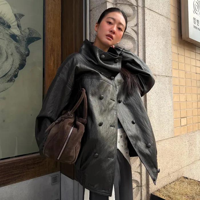 [1st REORDER] DOUBLE BUTTON OVERSIZE LEATHER JUMPER [BROWN]