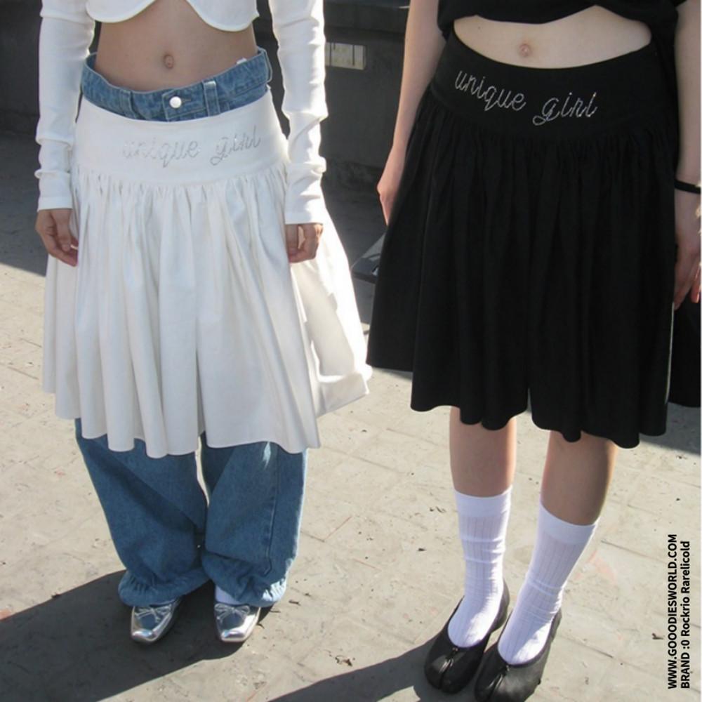 Rockrio Rarelicold 스커트 와이드 웨이스트 멀티 레이어 플리츠 미디 스커트