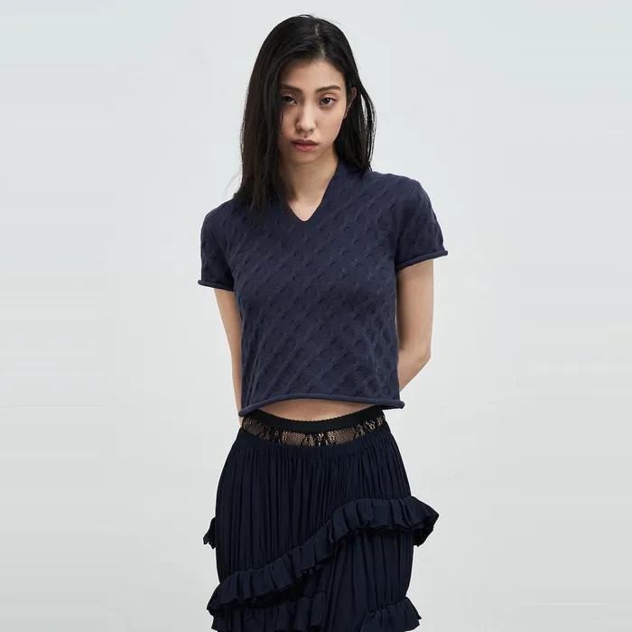 Cable Slit Neck ShortSleeve Pullover  Navy (AG5151A02R)